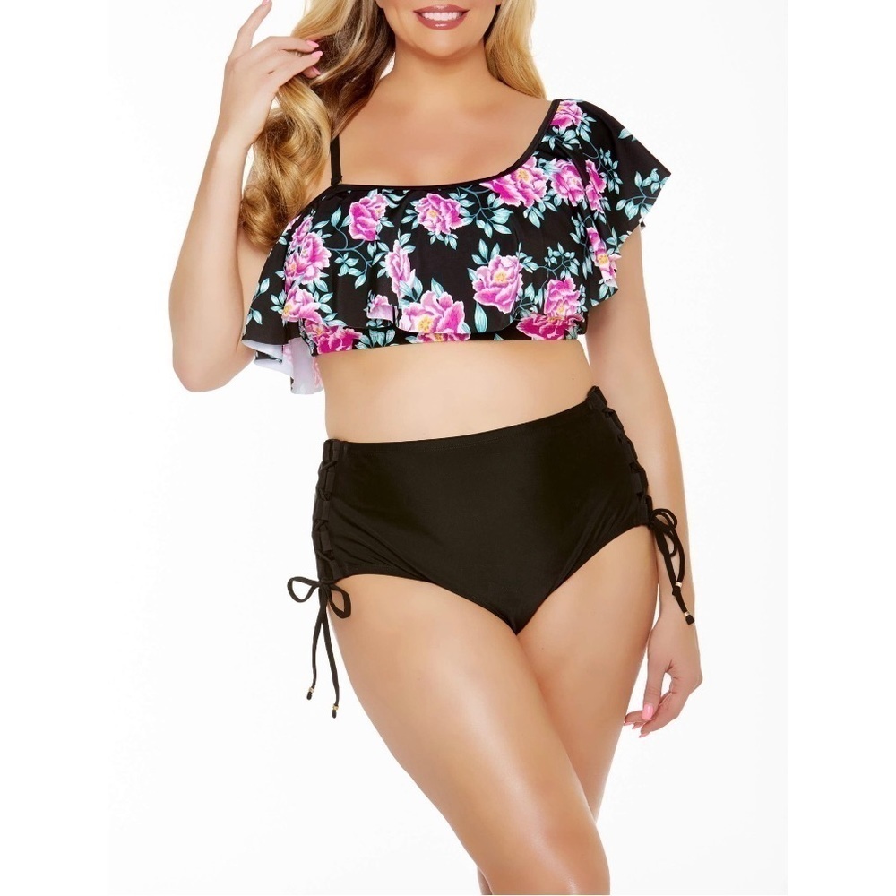 Time and Tru Plus Size 3X 24W-26W Swim TOP ONLY ruffled flounce Black floral NWT